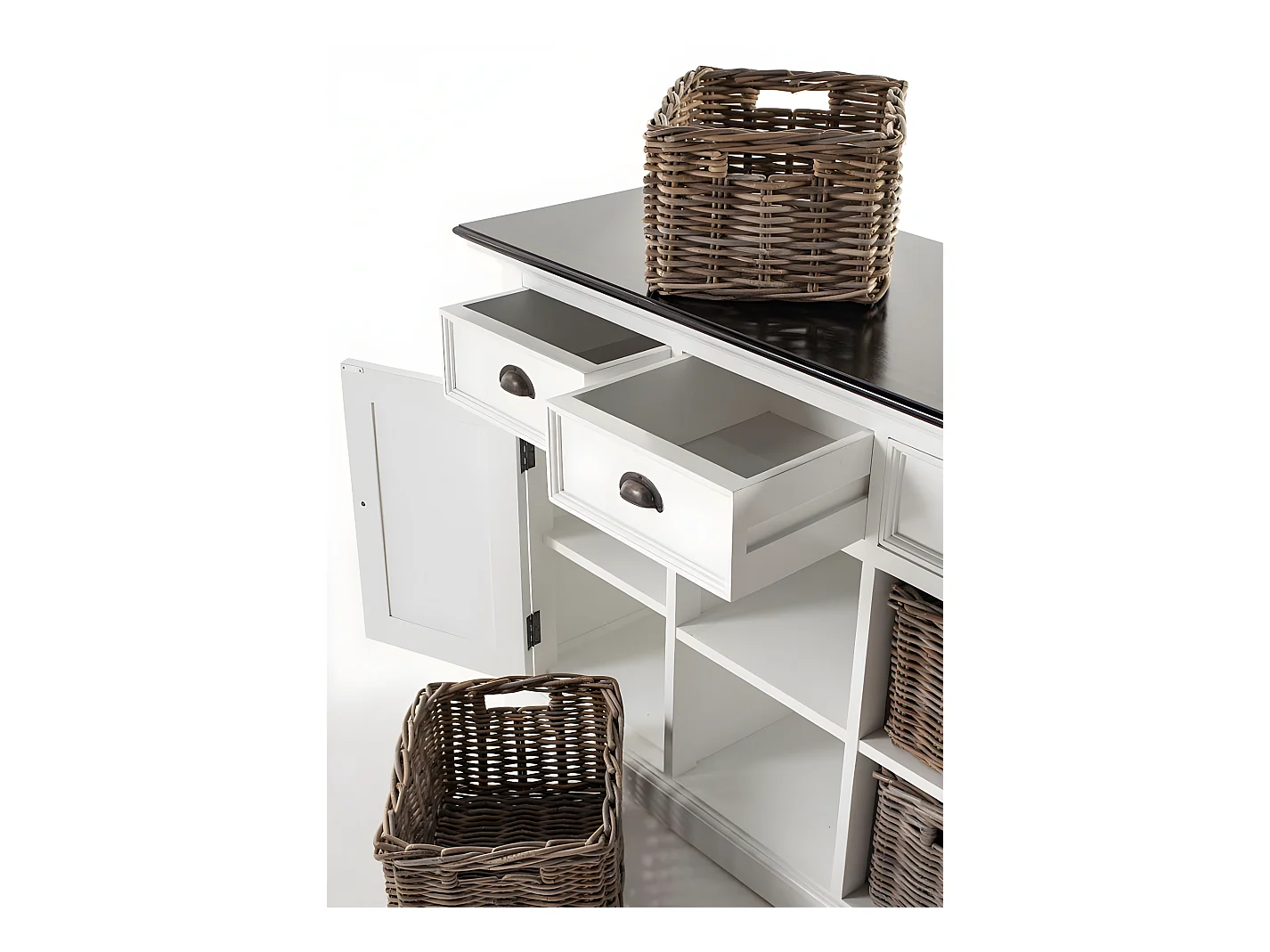 HalifaxContrast buffet 4 tiroirs, 2 portes, 4 paniers blanc, noir.