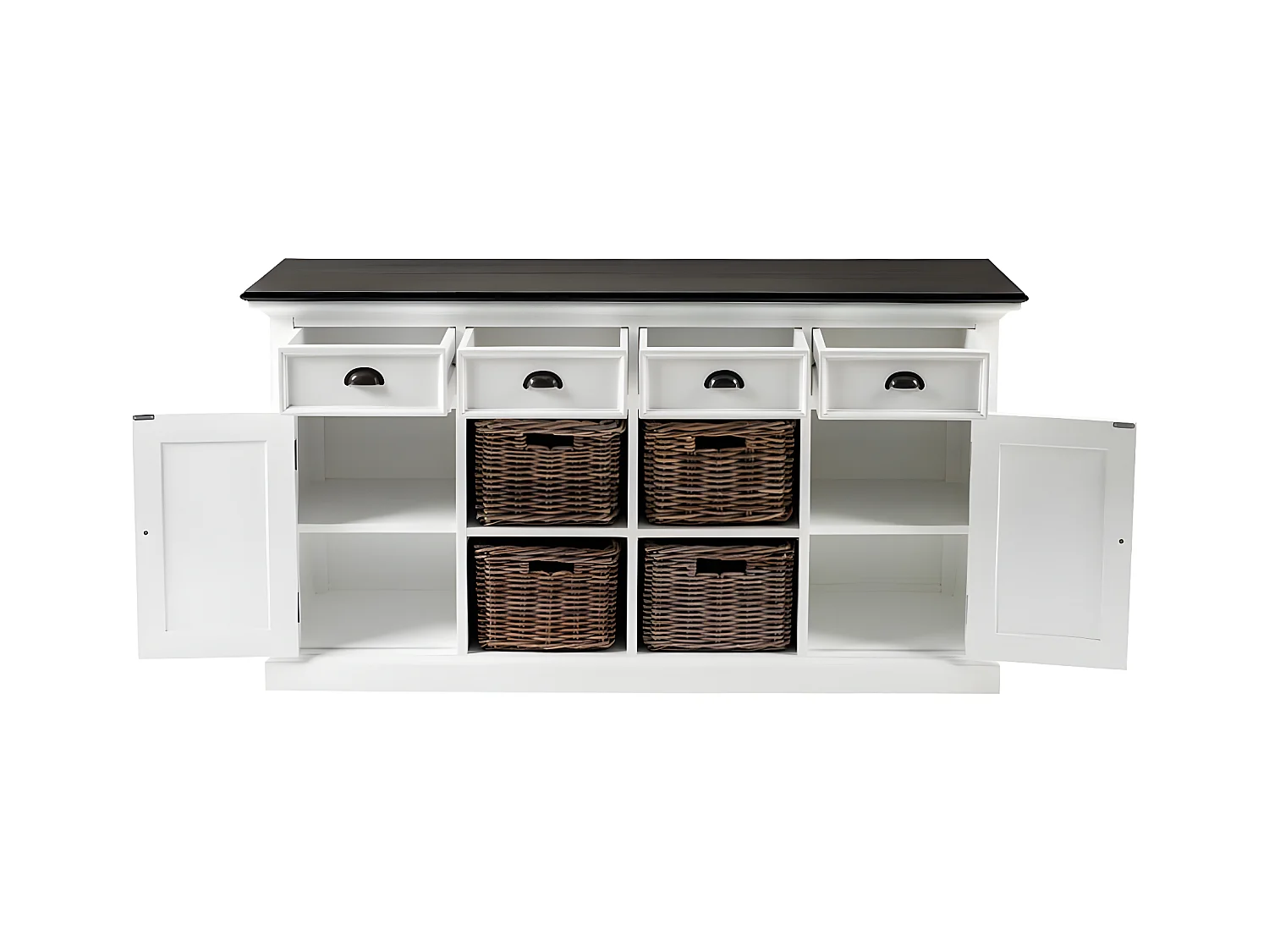 HalifaxContrast buffet 4 tiroirs, 2 portes, 4 paniers blanc, noir.