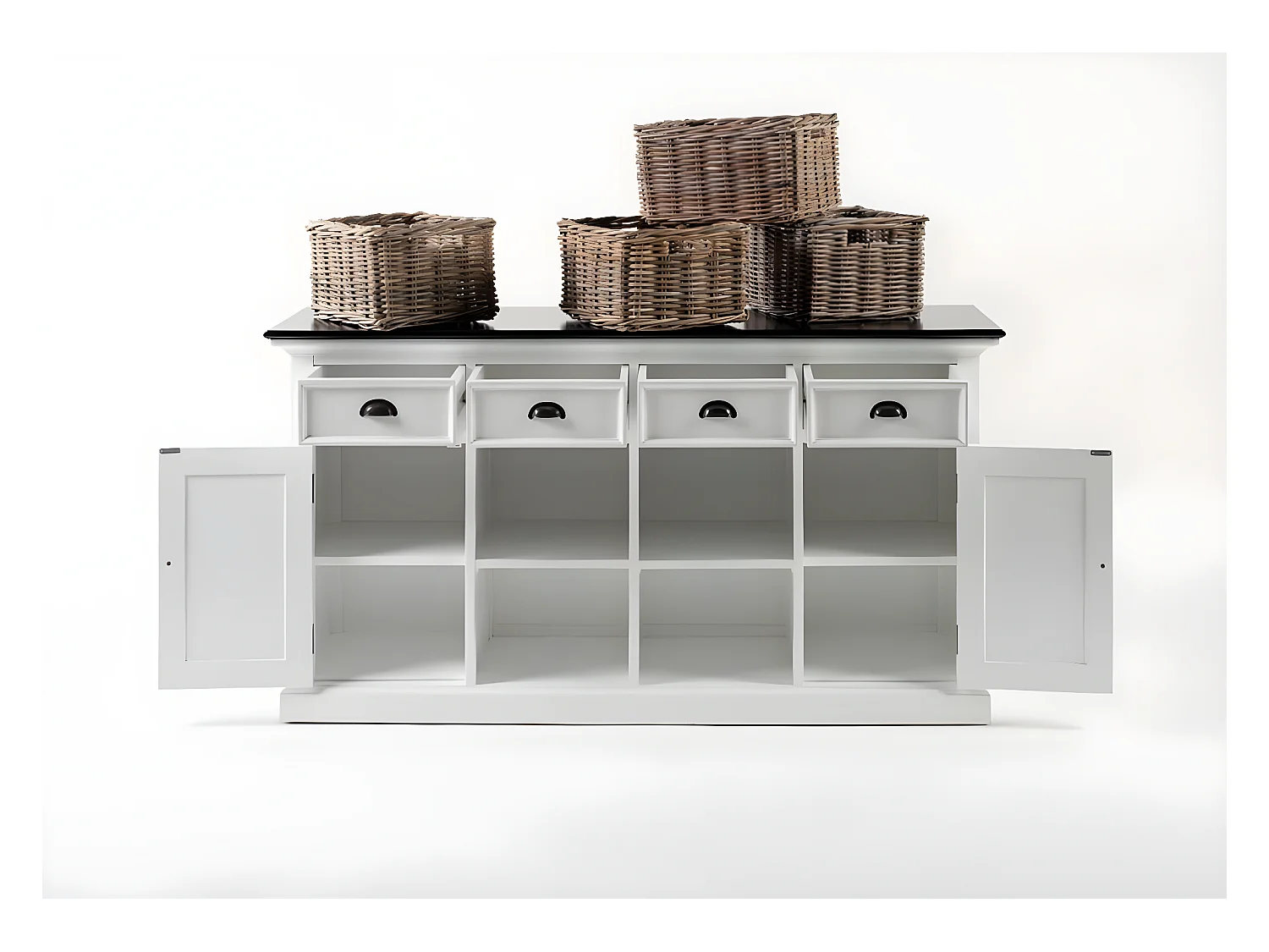 HalifaxContrast buffet 4 tiroirs, 2 portes, 4 paniers blanc, noir.