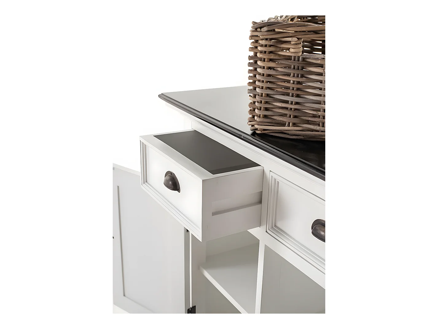 HalifaxContrast buffet 4 tiroirs, 2 portes, 4 paniers blanc, noir.