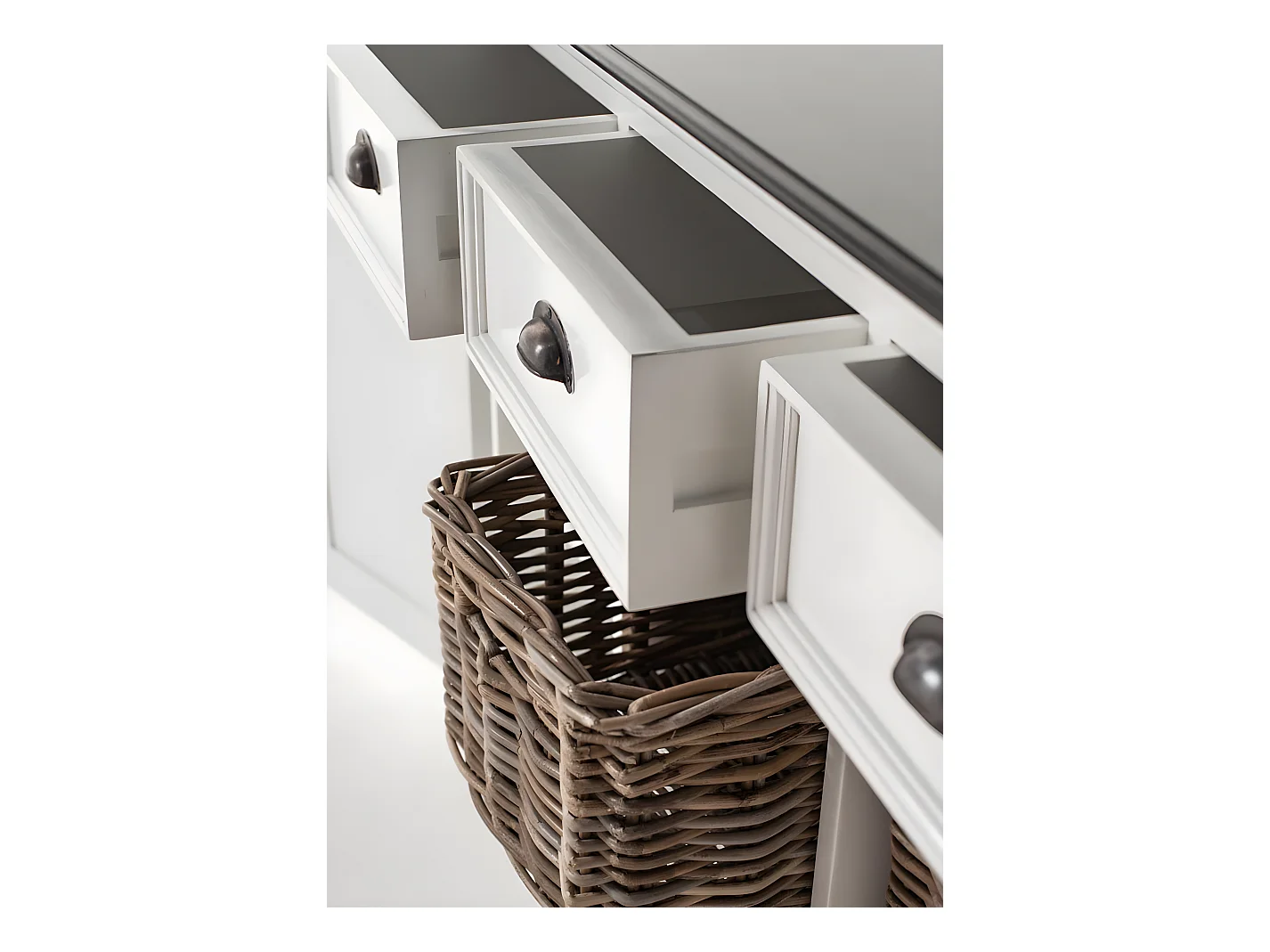 HalifaxContrast buffet 4 tiroirs, 2 portes, 4 paniers blanc, noir.
