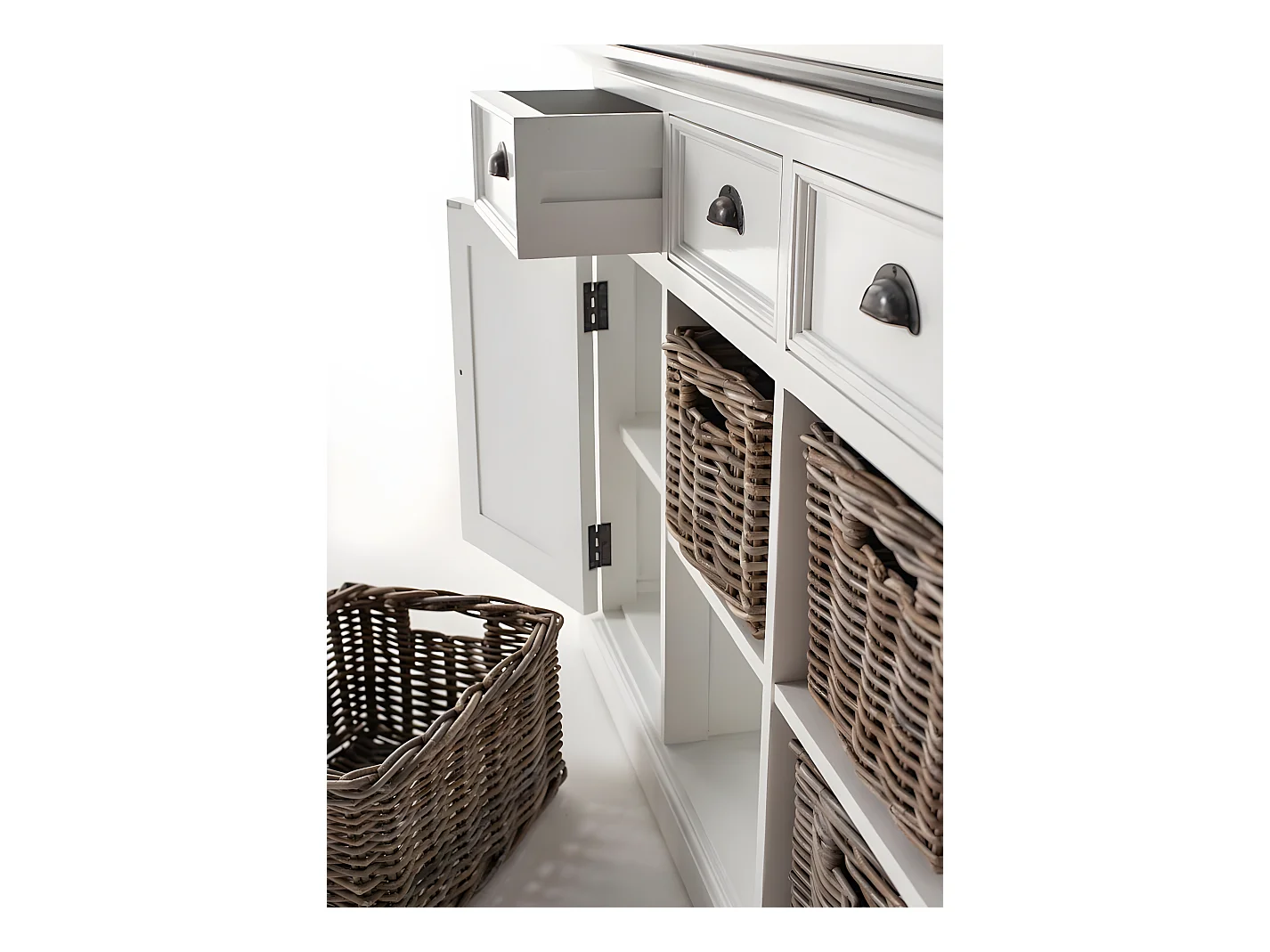 HalifaxContrast buffet 4 tiroirs, 2 portes, 4 paniers blanc, noir.
