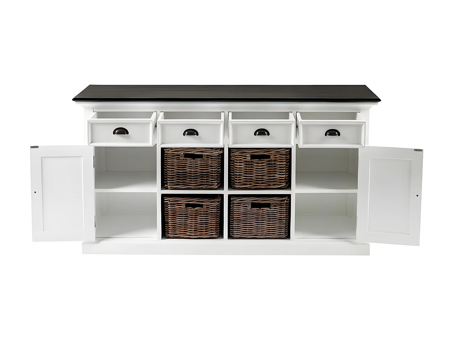 HalifaxContrast buffet 4 tiroirs, 2 portes, 4 paniers blanc, noir.