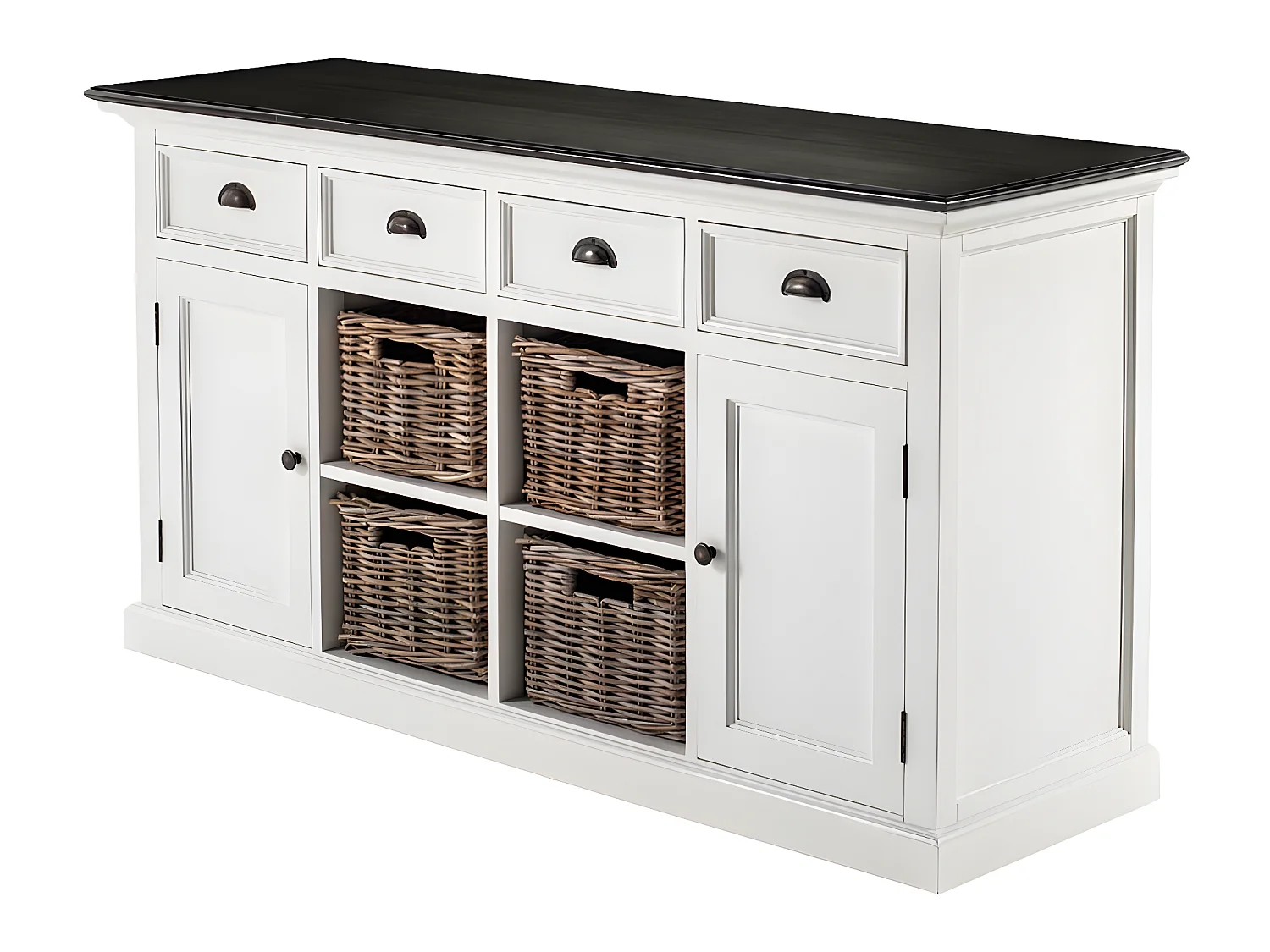 HalifaxContrast buffet 4 tiroirs, 2 portes, 4 paniers blanc, noir.