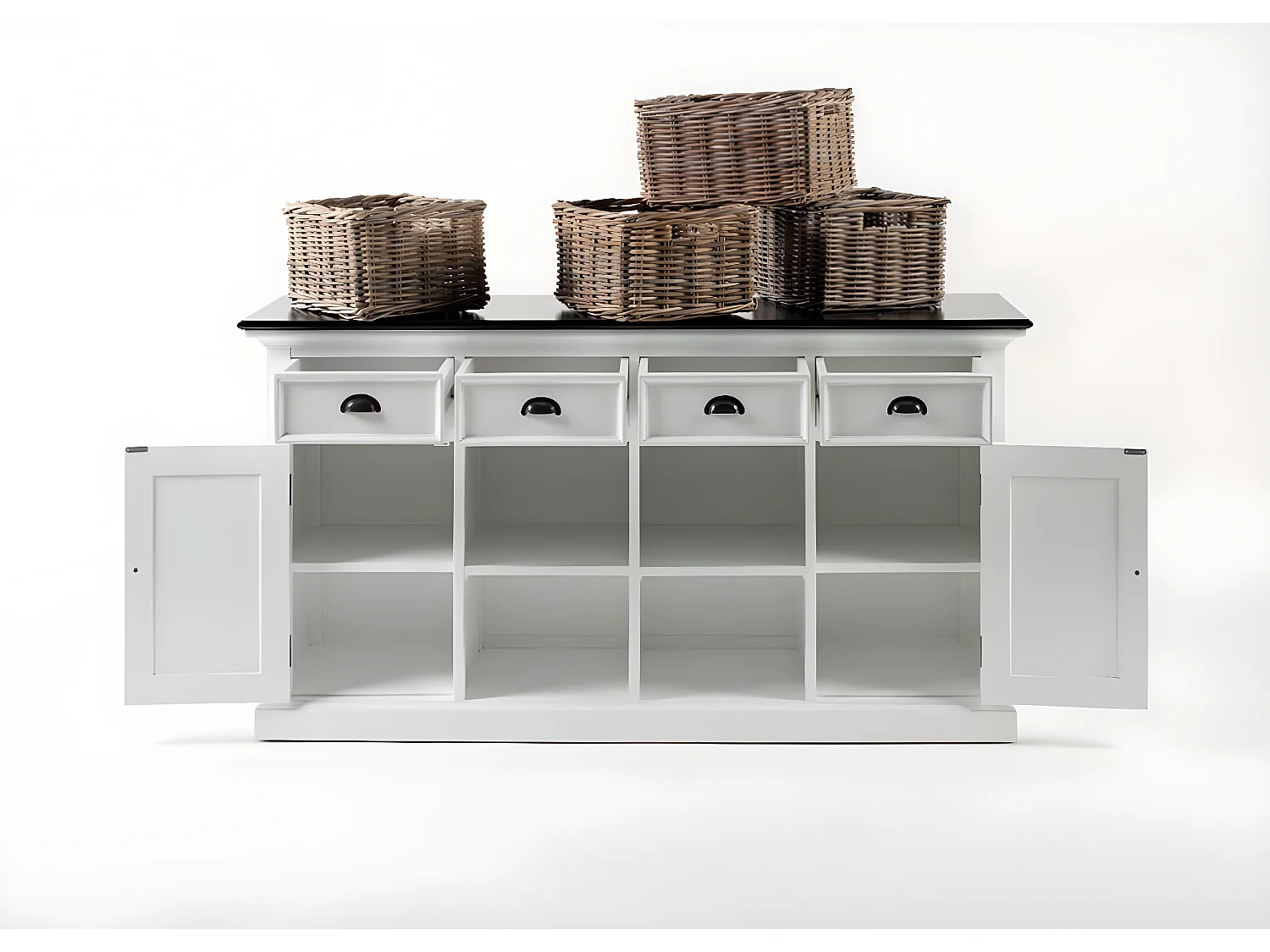 HalifaxContrast buffet 4 tiroirs, 2 portes, 4 paniers blanc, noir.