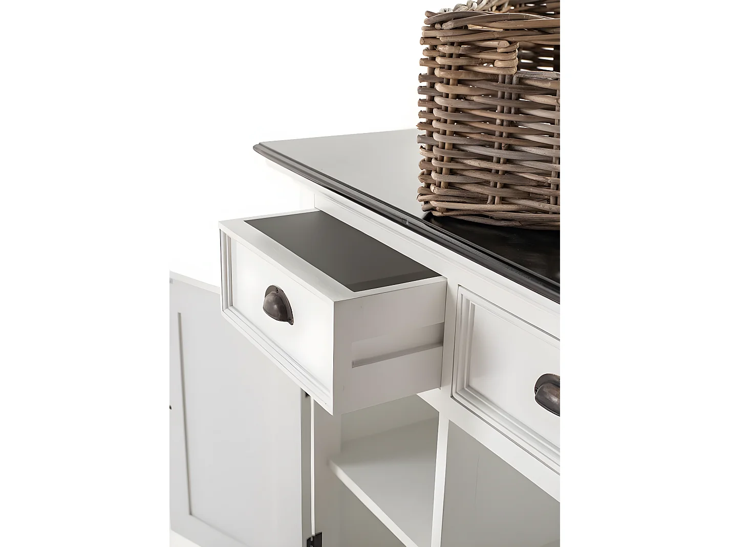 HalifaxContrast buffet 4 tiroirs, 2 portes, 4 paniers blanc, noir.