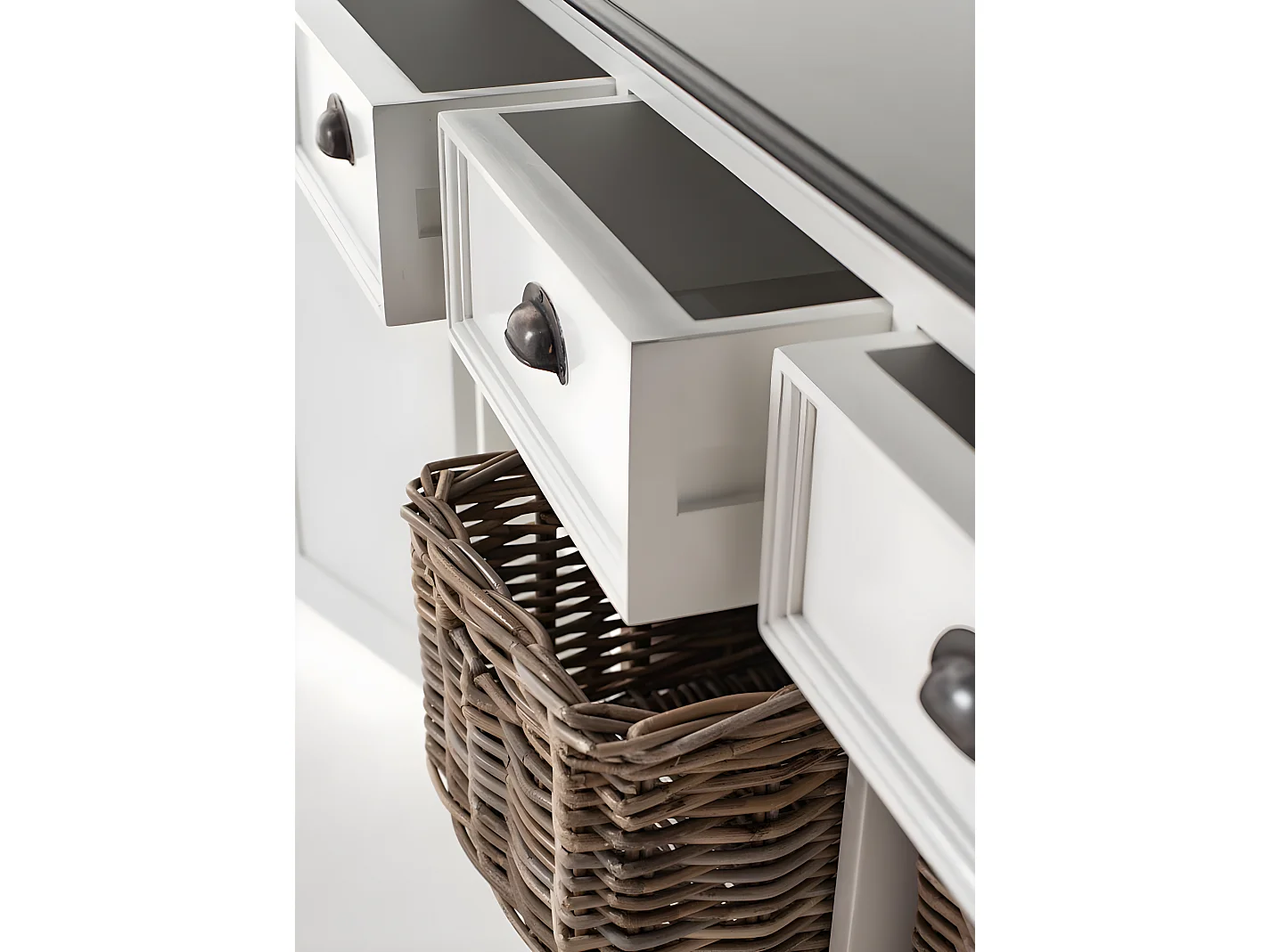 HalifaxContrast buffet 4 tiroirs, 2 portes, 4 paniers blanc, noir.