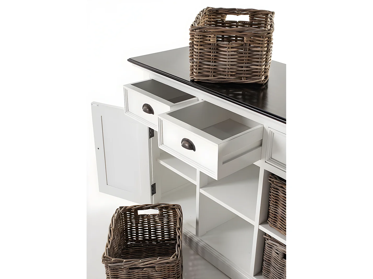 HalifaxContrast buffet 4 tiroirs, 2 portes, 4 paniers blanc, noir.