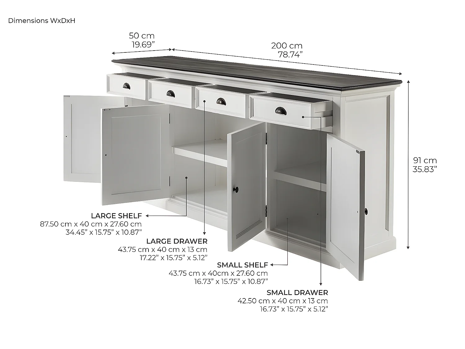 HalifaxContrast dressoir 4 deuren, 4 laden wit, zwart.