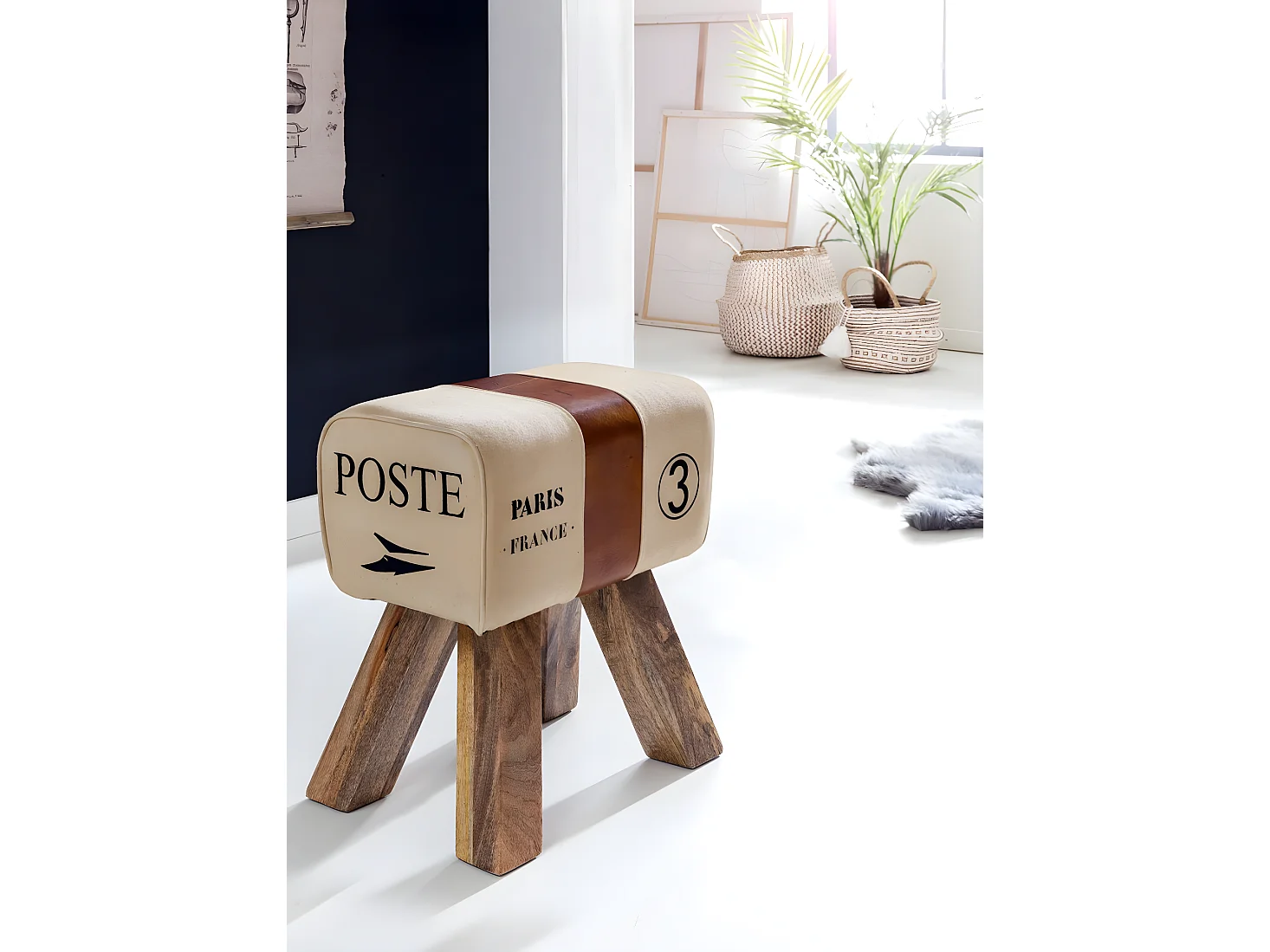 Design Sitzhocker Springbock Fußhocker Turnhocker Turnbock Pferd Leder Jeans