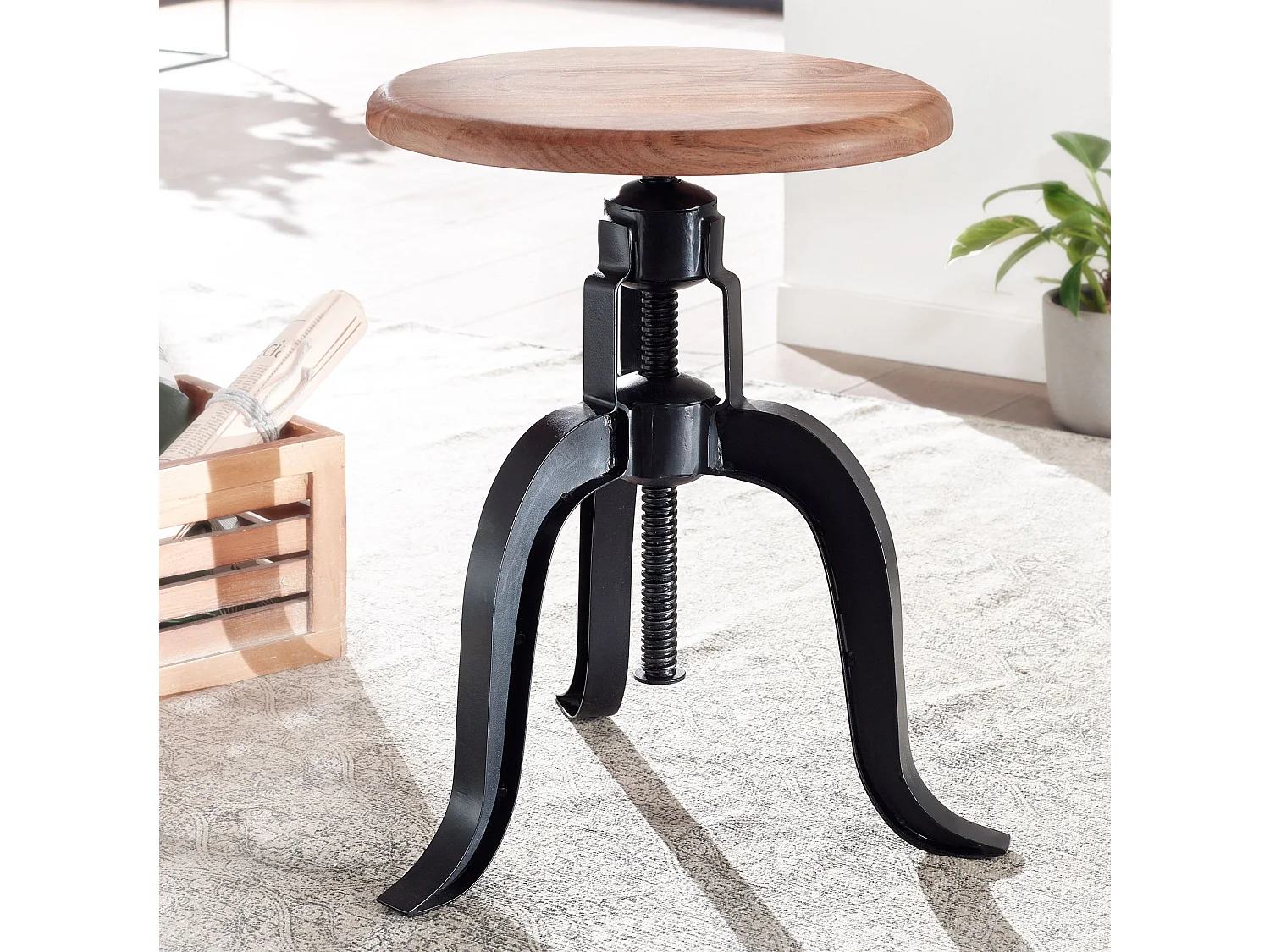 Drehhocker  Hocker Metall / Holz Massiv 39x62,5x39 cm Dekohocker Rund