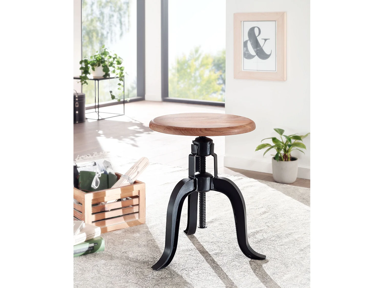 Tabouret Pivotant Bois Massif Métal 39x62,5x39cm Chaise Hauteur Réglable