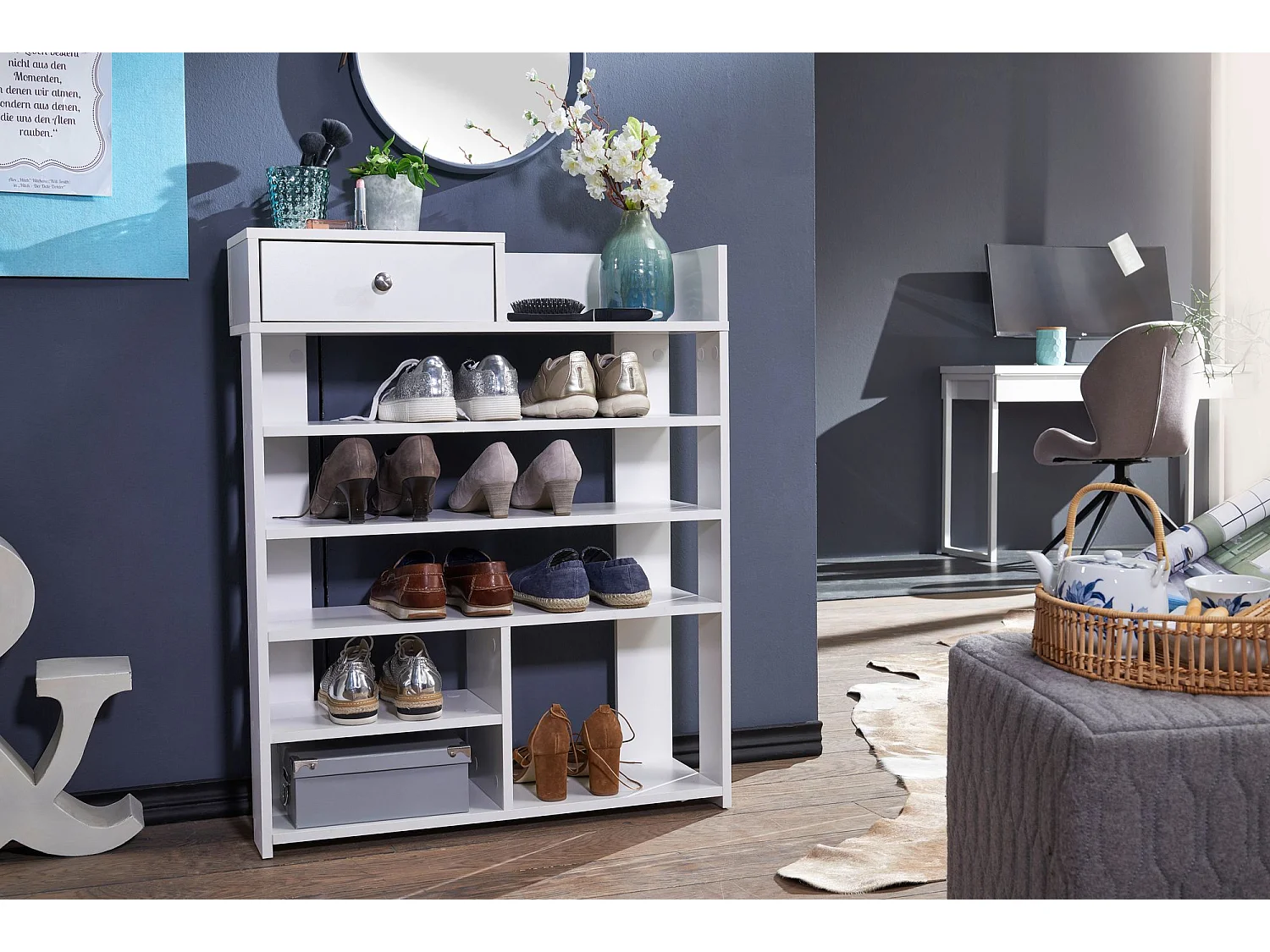 Scaffale da ingresso bianco 75x92,5 cm alto 7 vani con cassetto