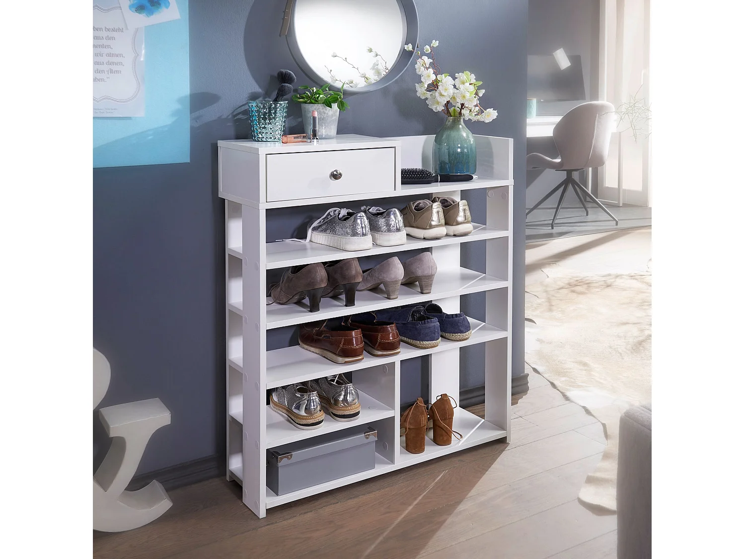 étagère blanche hauteur 75x92,5 cm 7 compartiments avec tiroir