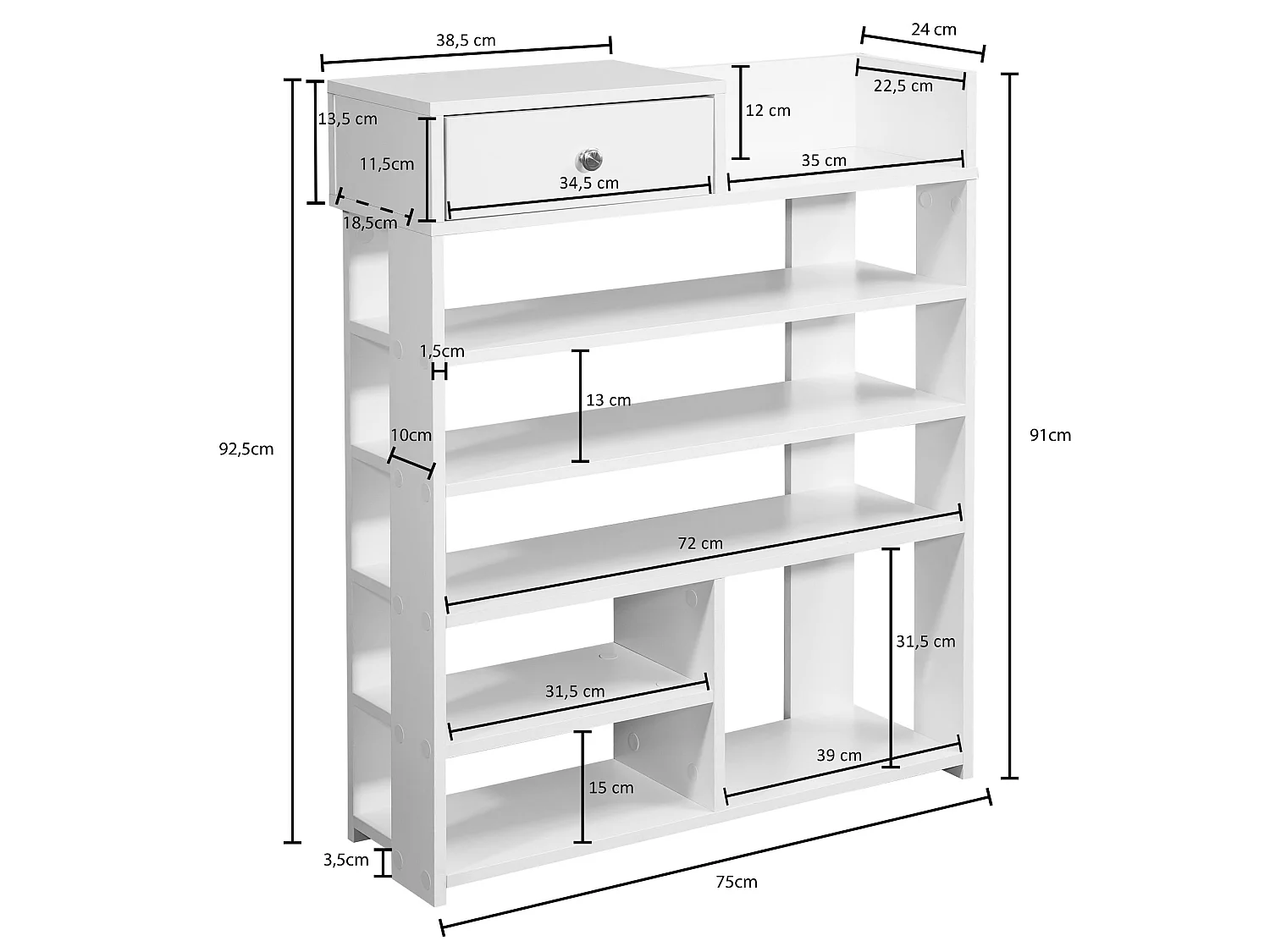 étagère blanche hauteur 75x92,5 cm 7 compartiments avec tiroir
