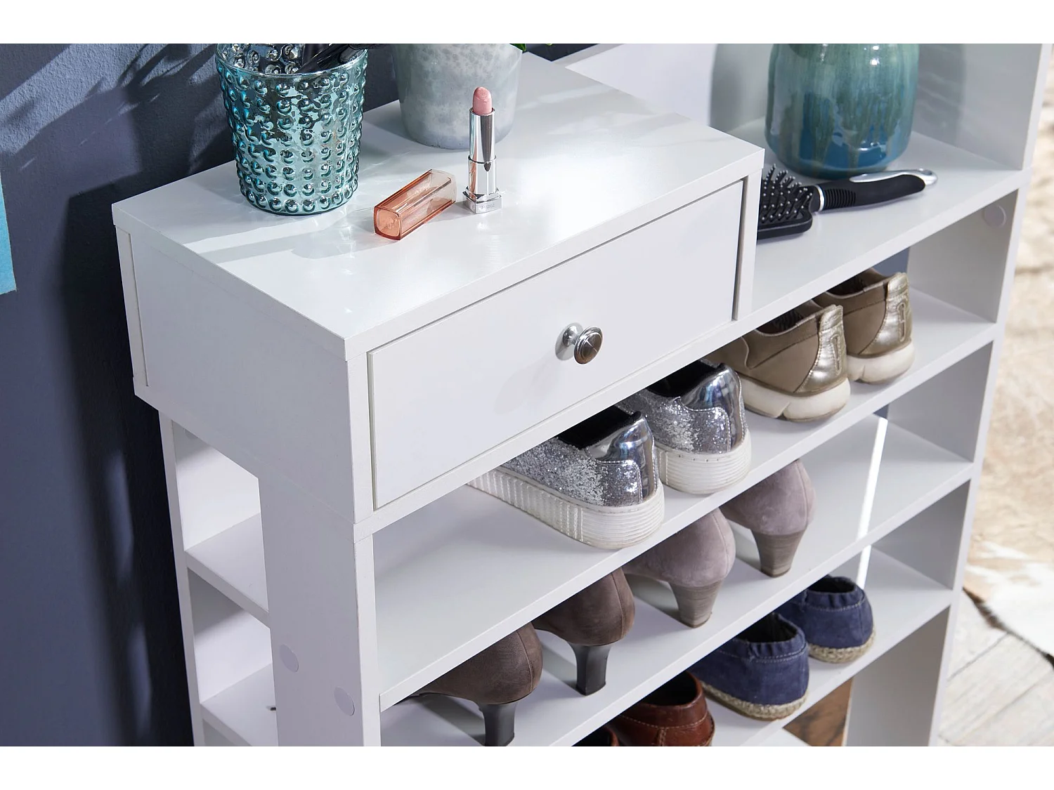 étagère blanche hauteur 75x92,5 cm 7 compartiments avec tiroir