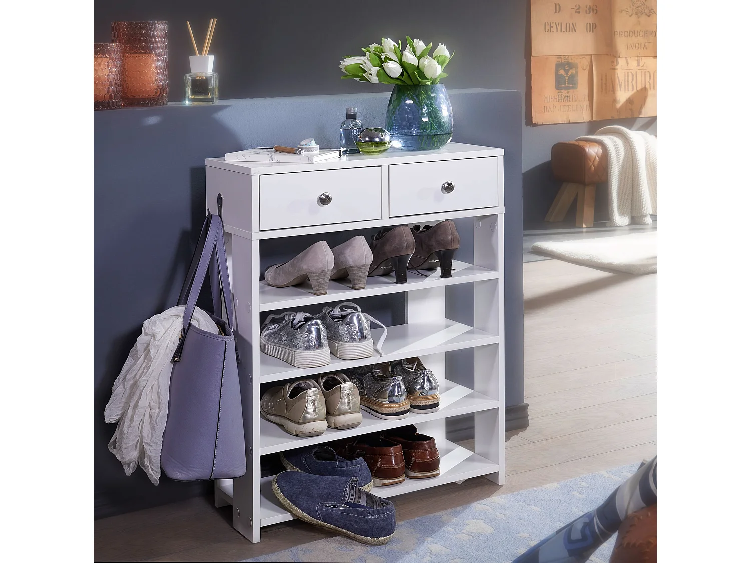 Schuhregal 60x79cm Flurregal Weiß Standregal mit Schublade und 4 Fächer