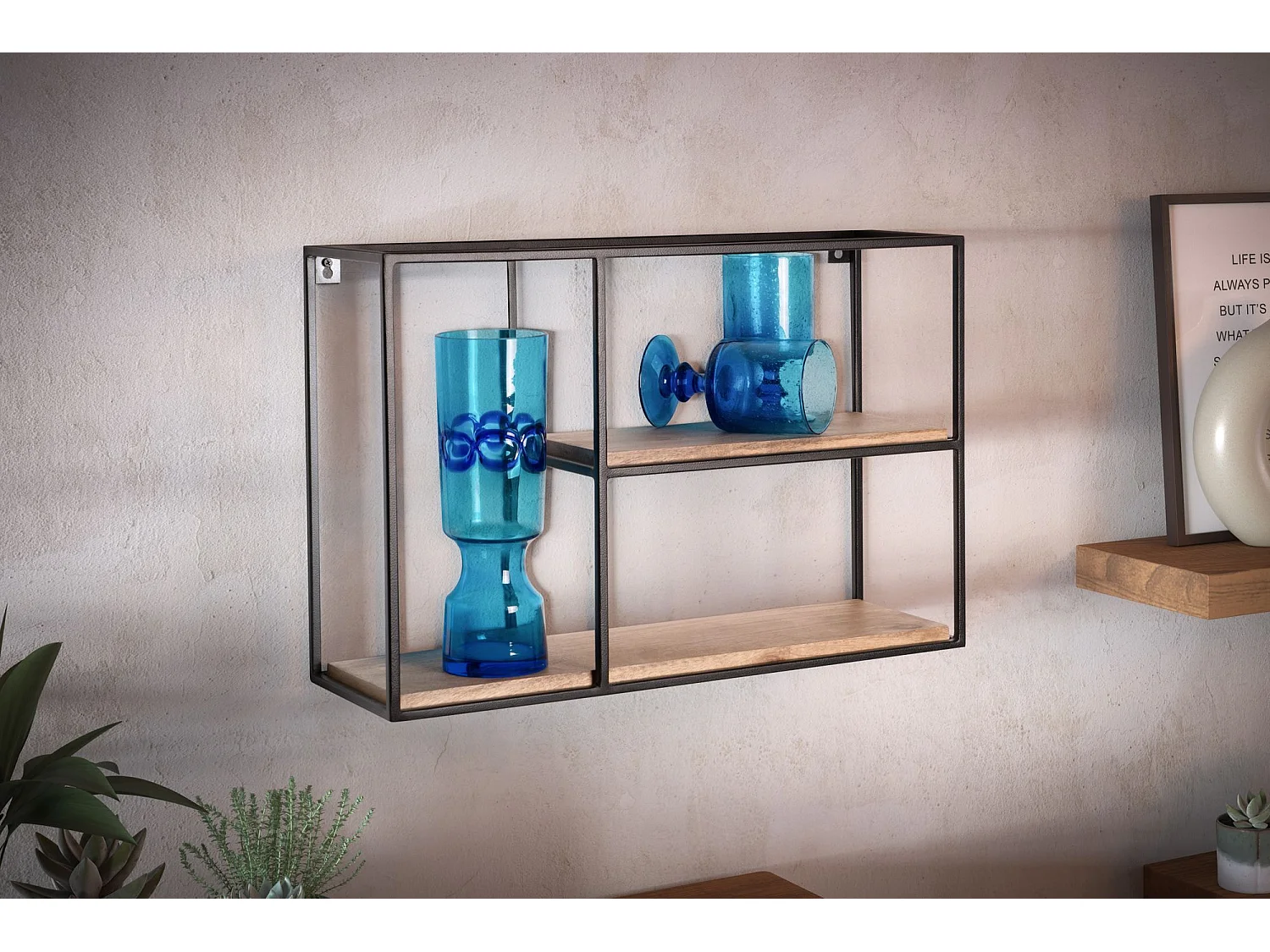 Étagère Murale Bois Massif Métal 60x40x18 cm Étagère Suspendue Flottante