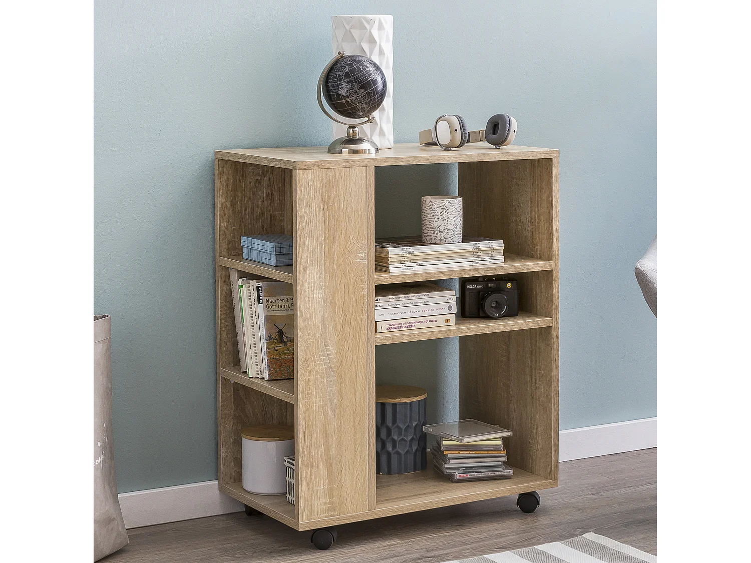 Étagère de Rangement Roulette 60x75x35 cm Bibliothèque Ouverte Salon