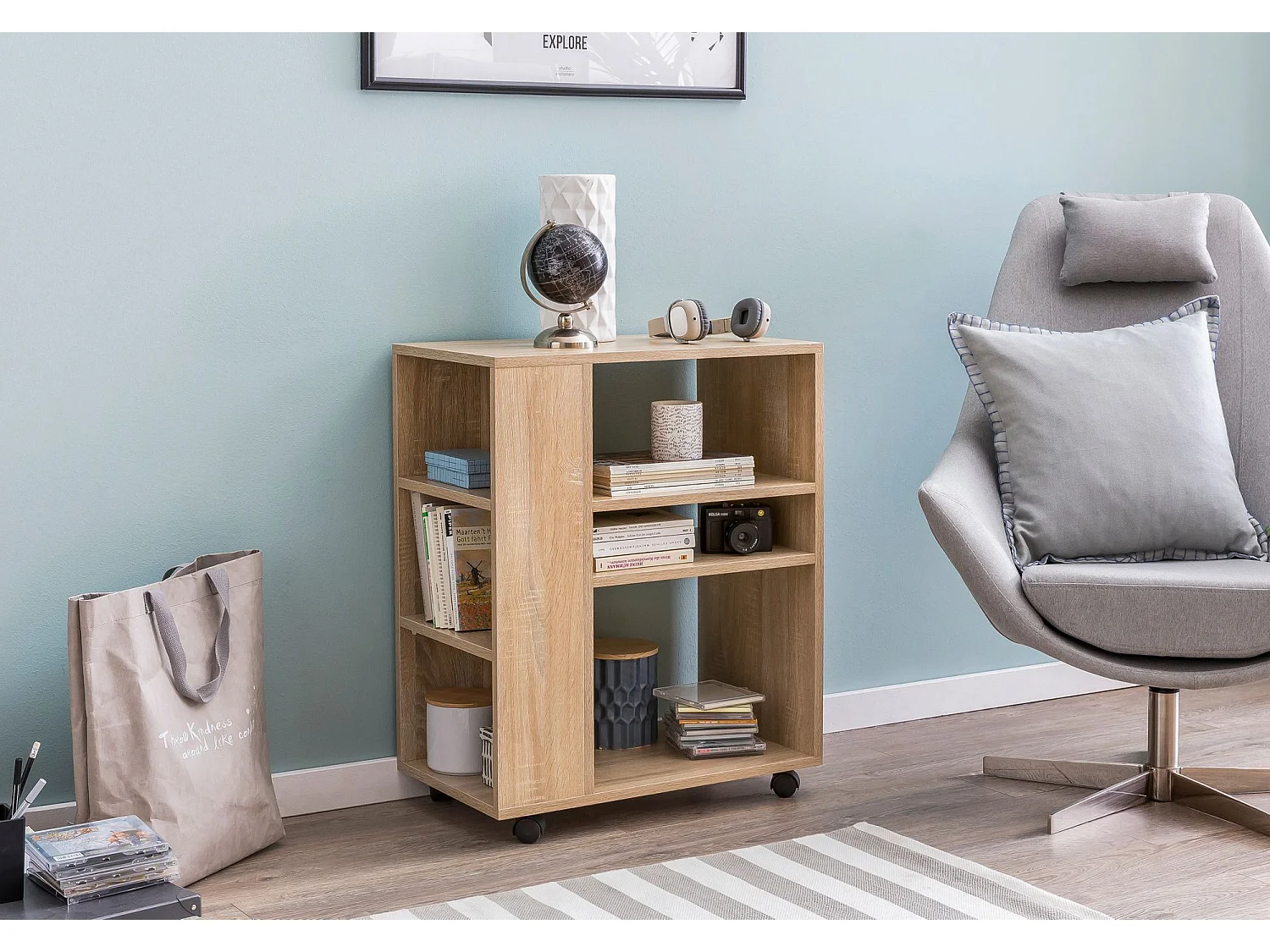 Étagère de Rangement Roulette 60x75x35 cm Bibliothèque Ouverte Salon