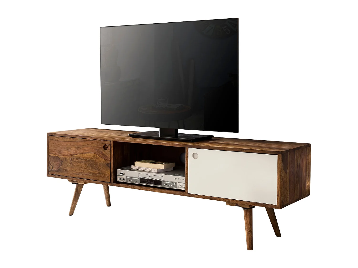 Meuble TV Bois Massif 140x45x35cm Lowboard TV commode Étagère télévision