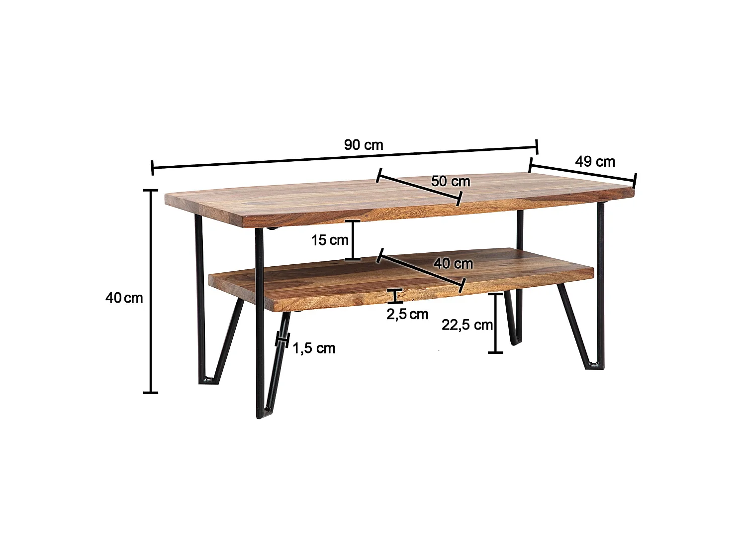 Tavolino Salotto Legno Massello 90x50x40 cm Tavolo Soggiorno Moderno
