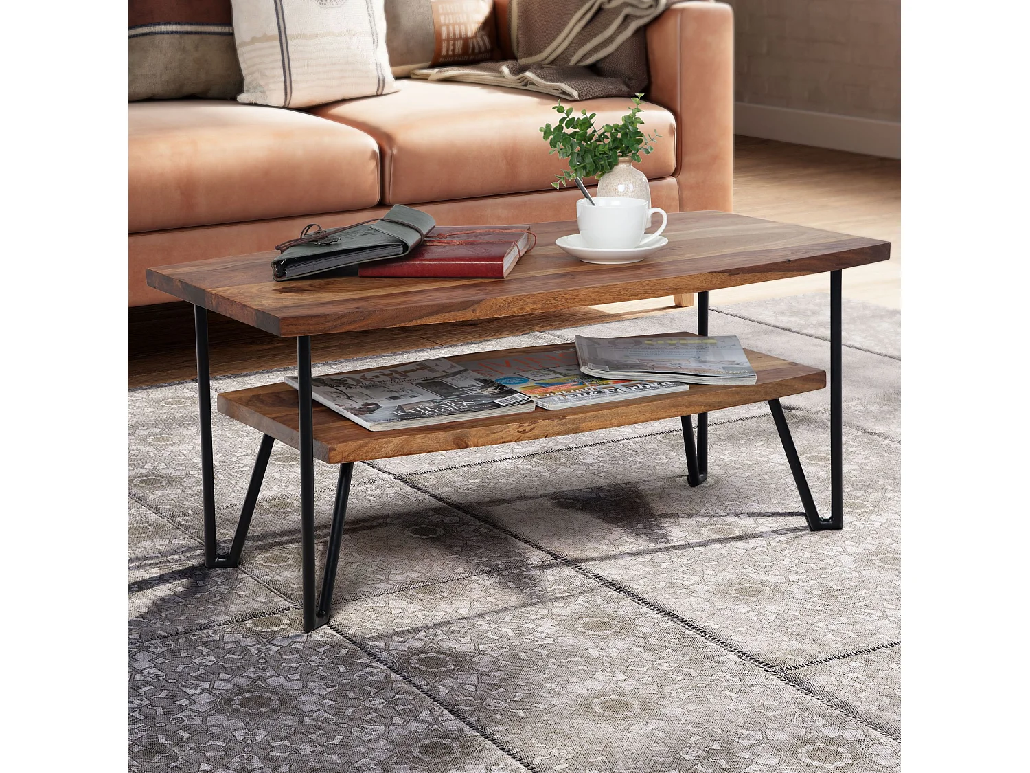 Tavolino Salotto Legno Massello 90x50x40 cm Tavolo Soggiorno Moderno