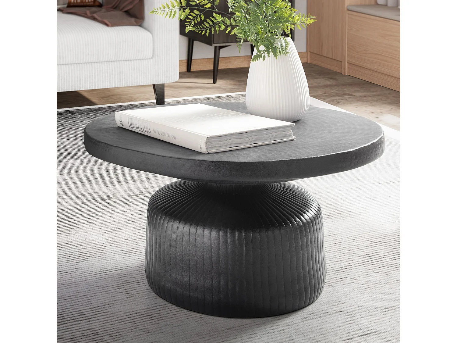 Table Basse de Salon Métal 65x65x35cm Ronde Table de Canapé Noir Martelé
