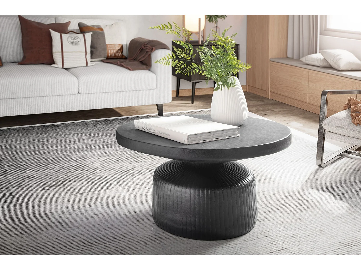 Table Basse de Salon Métal 65x65x35cm Ronde Table de Canapé Noir Martelé