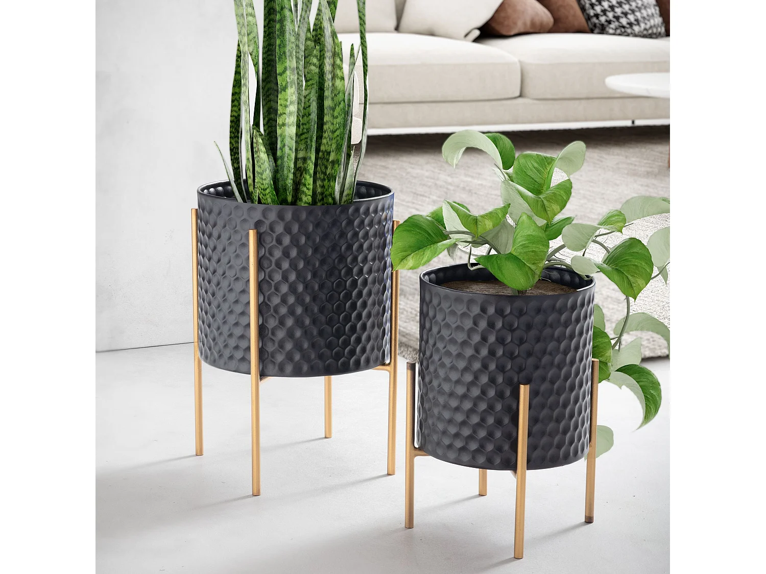 Lot de 2 Pots de Fleurs en Métal Massif Jardinière Noir Planteur Moderne