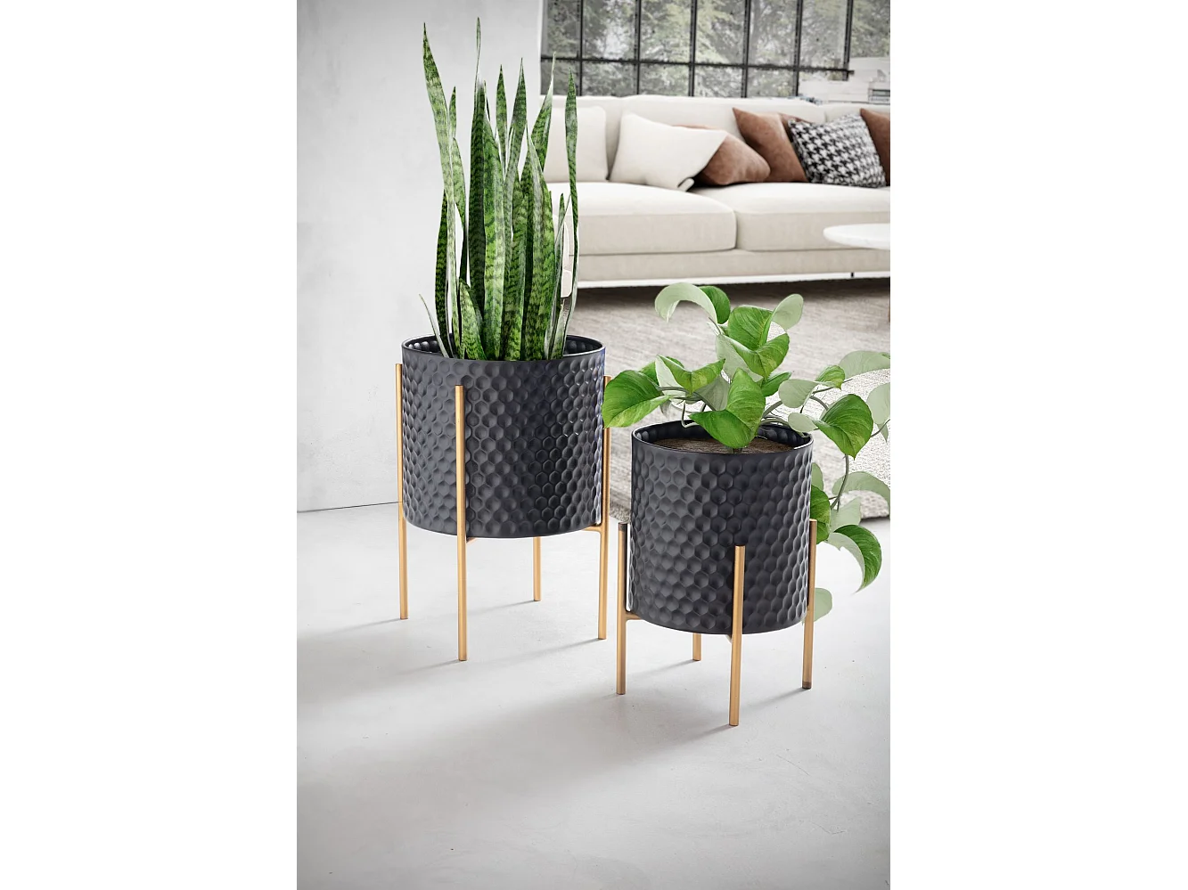 Lot de 2 Pots de Fleurs en Métal Massif Jardinière Noir Planteur Moderne