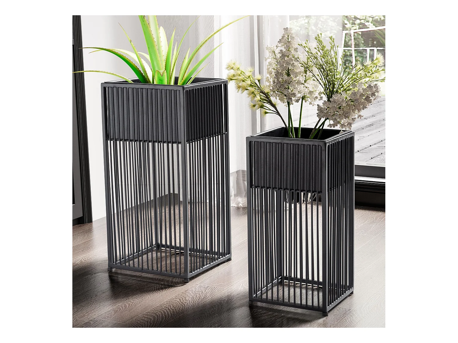 Vaso di Fiori Set di 2 Metallo Nero Fioriera Supporto Fiori Quadrate