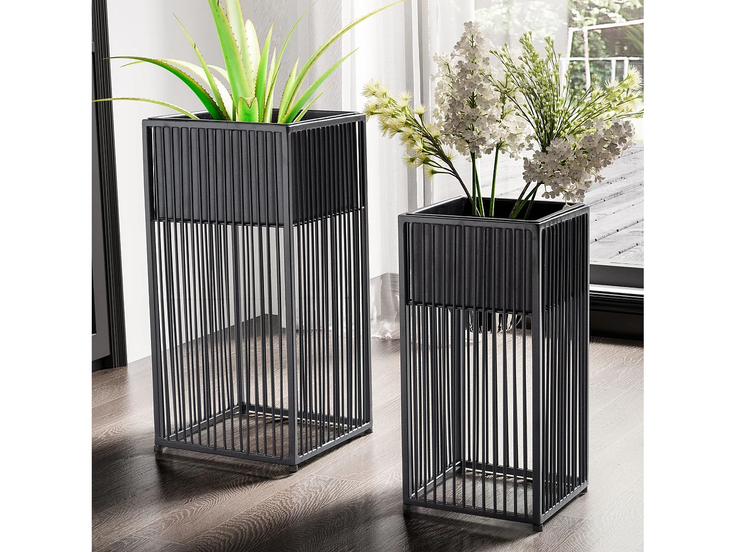 Vaso di Fiori Set di 2 Metallo Nero Fioriera Supporto Fiori Quadrate