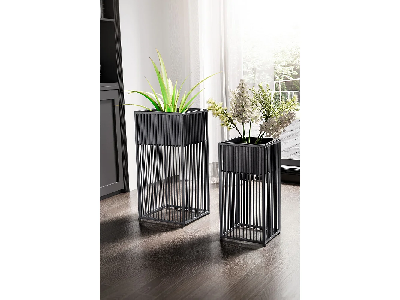 Vaso di Fiori Set di 2 Metallo Nero Fioriera Supporto Fiori Quadrate