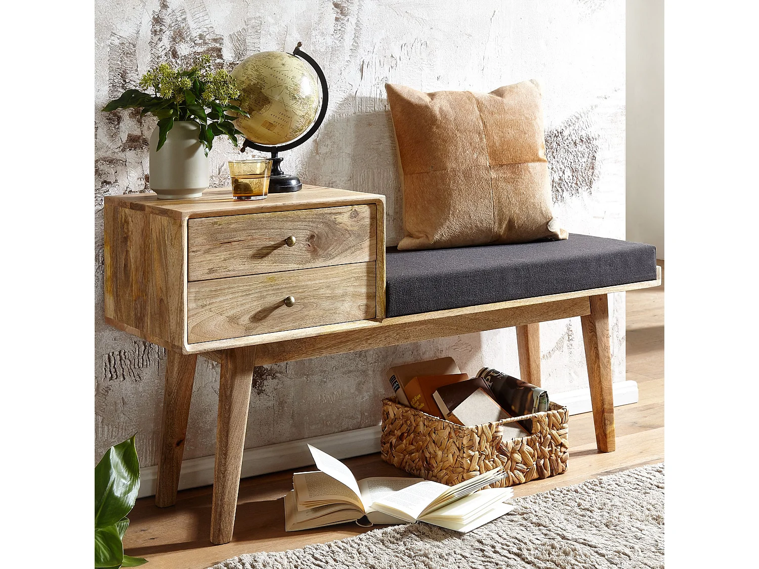 Sitzbank  Flurbank Stoff Holz Massiv 120 cm Polsterbank Stauraum Bank