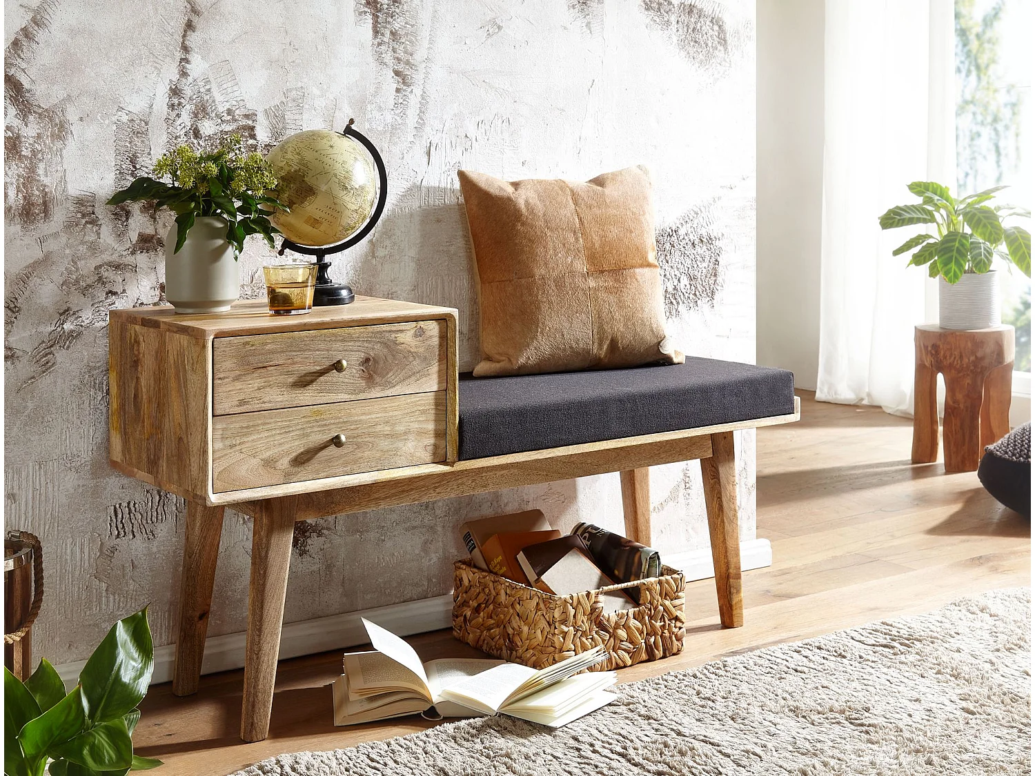 Sitzbank  Flurbank Stoff Holz Massiv 120 cm Polsterbank Stauraum Bank