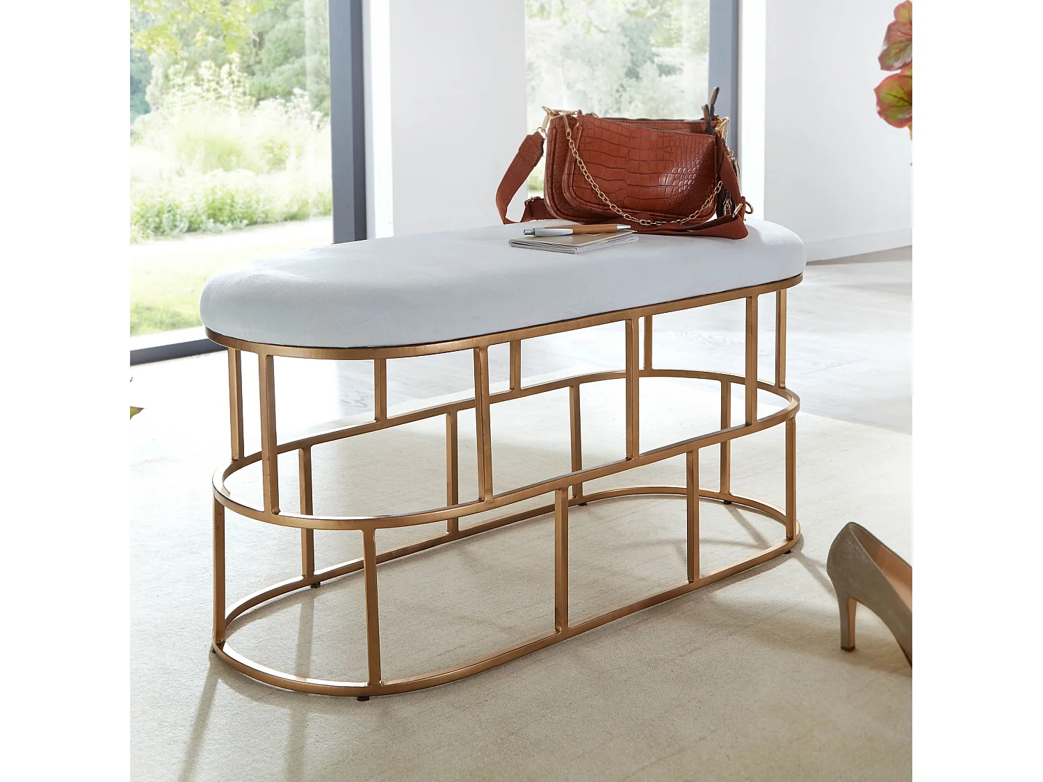 Sitzbank  Polsterbank Weiß 90 cm Bettbank Flurbank Samt Metall Bank