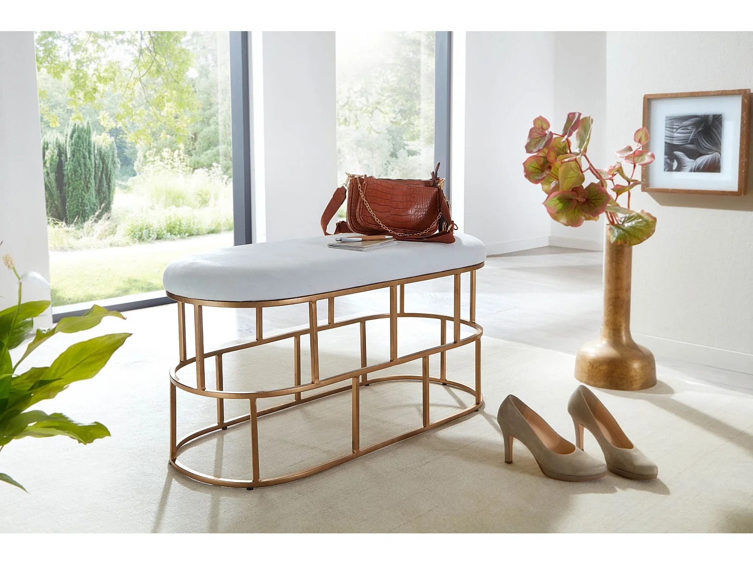 Sitzbank  Polsterbank Weiß 90 cm Bettbank Flurbank Samt Metall Bank