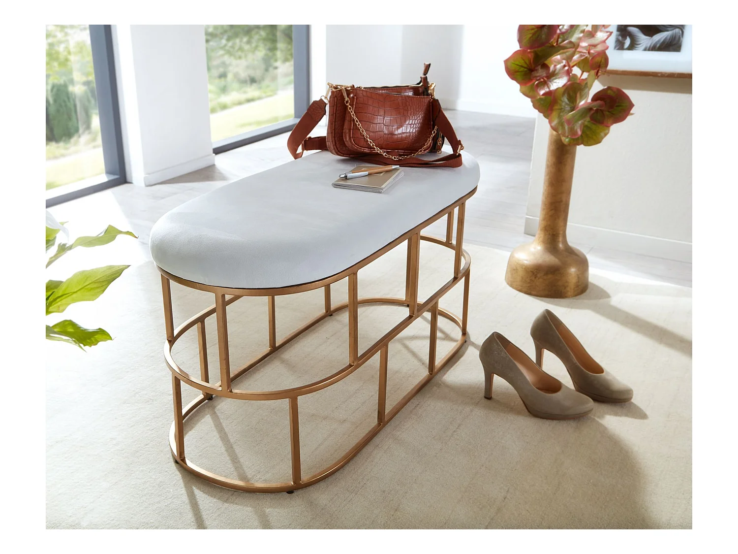 Sitzbank  Polsterbank Weiß 90 cm Bettbank Flurbank Samt Metall Bank