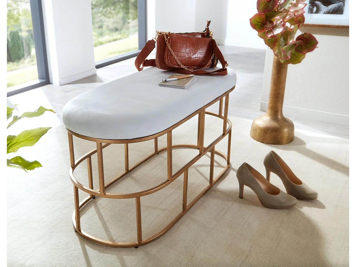 Banc Velours 90 cm Métal Rembourré Banquette Couloir Tissu Blanc Moderne