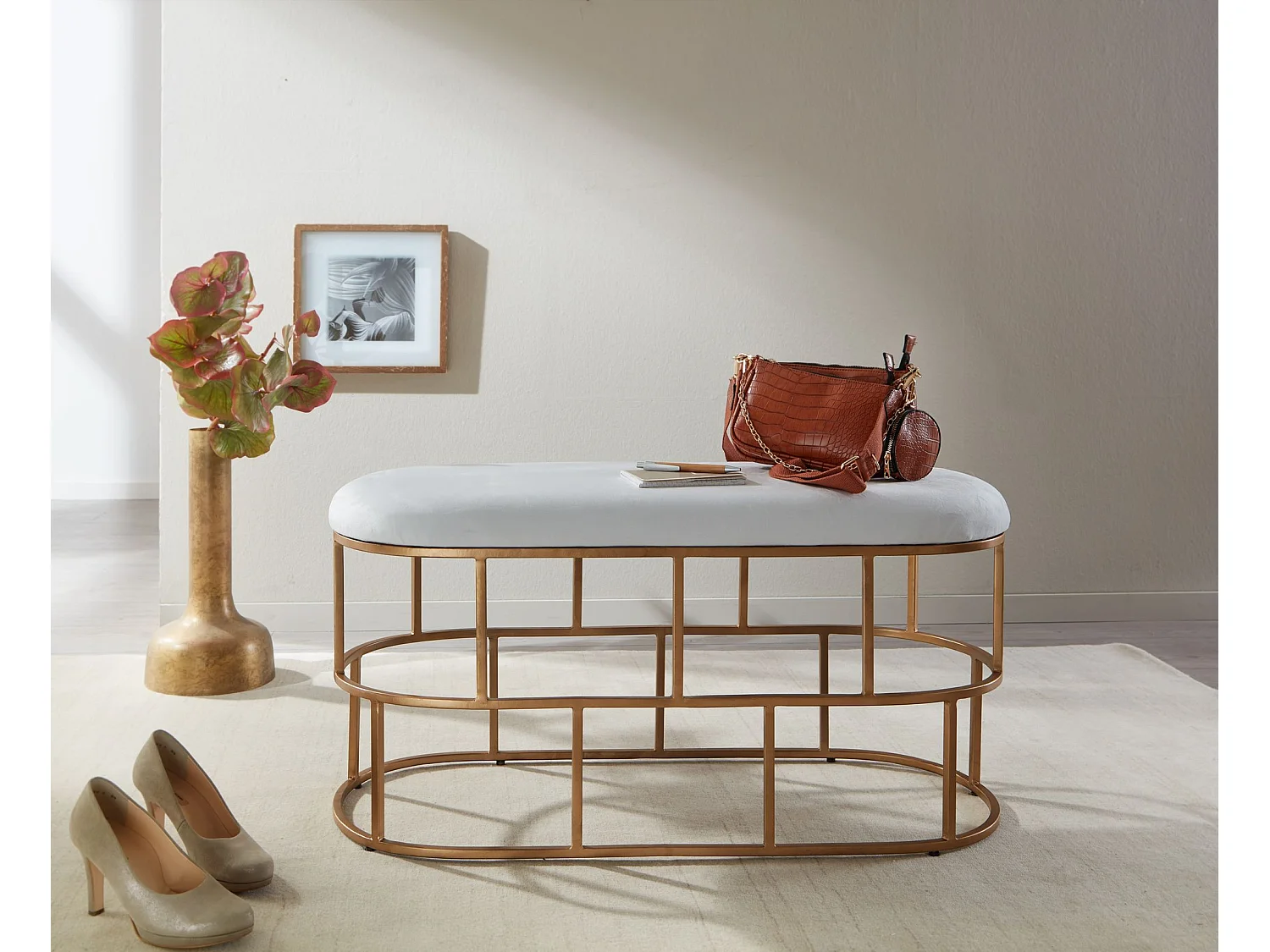 Banc Velours 90 cm Métal Rembourré Banquette Couloir Tissu Blanc Moderne