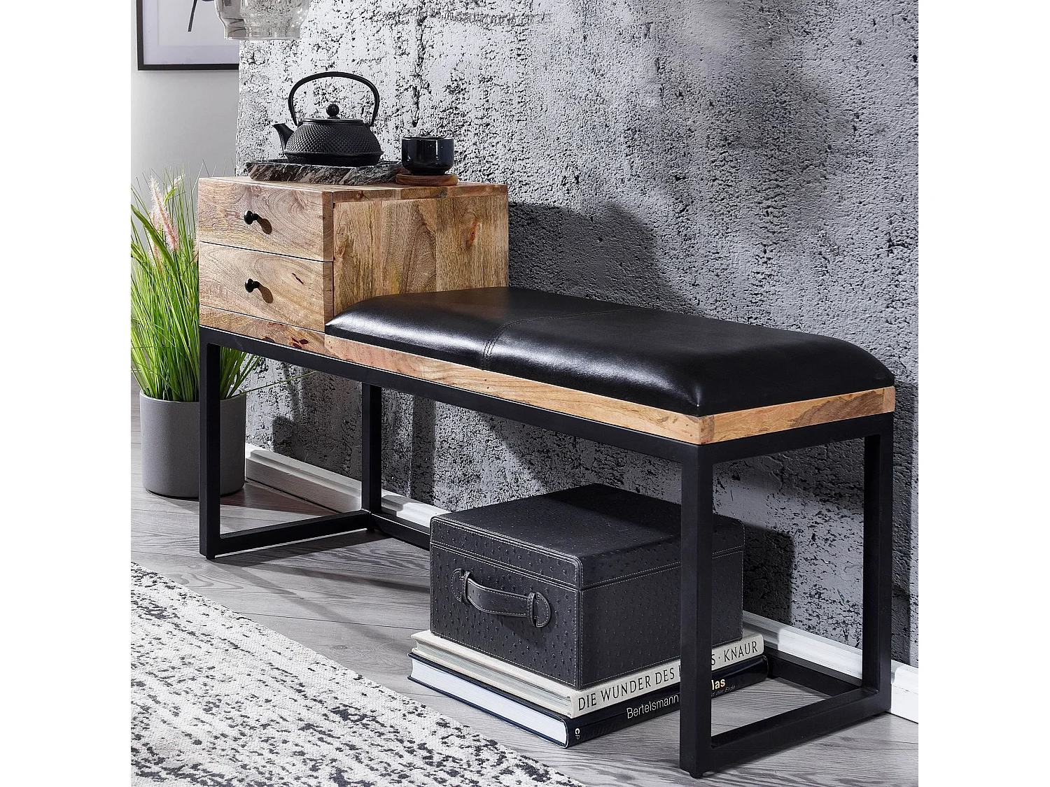 Sitzbank  Flurbank Echtleder Holz Massiv 100 cm Polsterbank Stauraum Bank