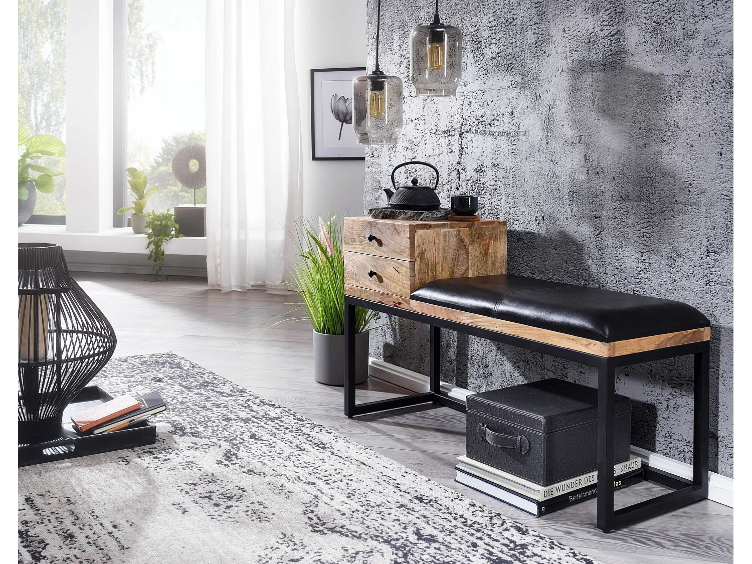 Sitzbank  Flurbank Echtleder Holz Massiv 100 cm Polsterbank Stauraum Bank