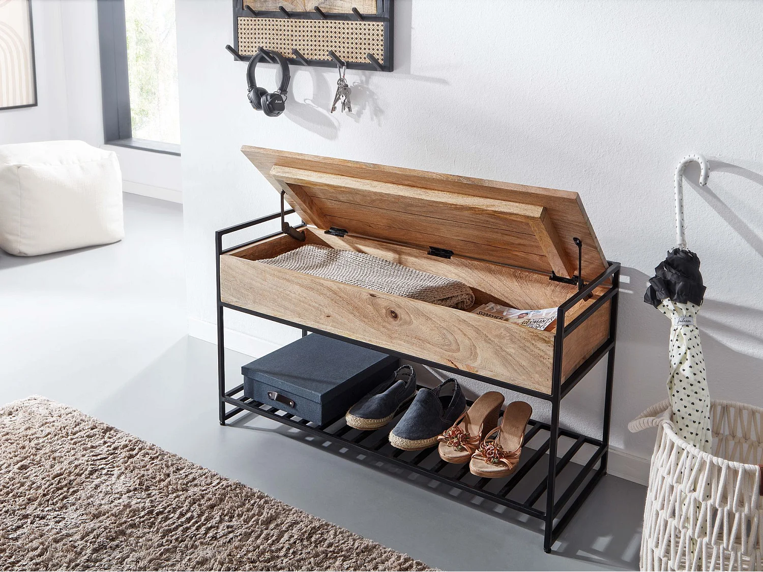 Sitzbank  Flurbank mit Stauraum 90x52x38 cm Massivholz Bank Flur Truhe