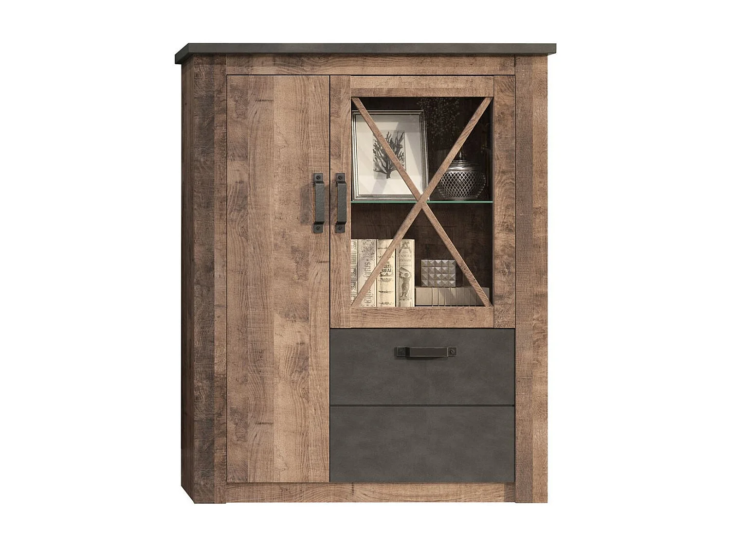 Vitrine 3 portes mélaminé chêne foncé et gris Aria