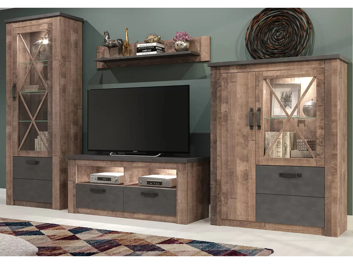 Vitrine 3 portes mélaminé chêne foncé et gris Aria