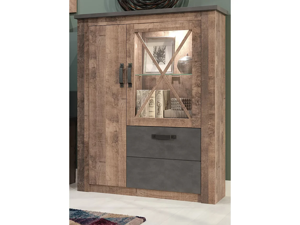 Vitrine 3 portes mélaminé chêne foncé et gris Aria