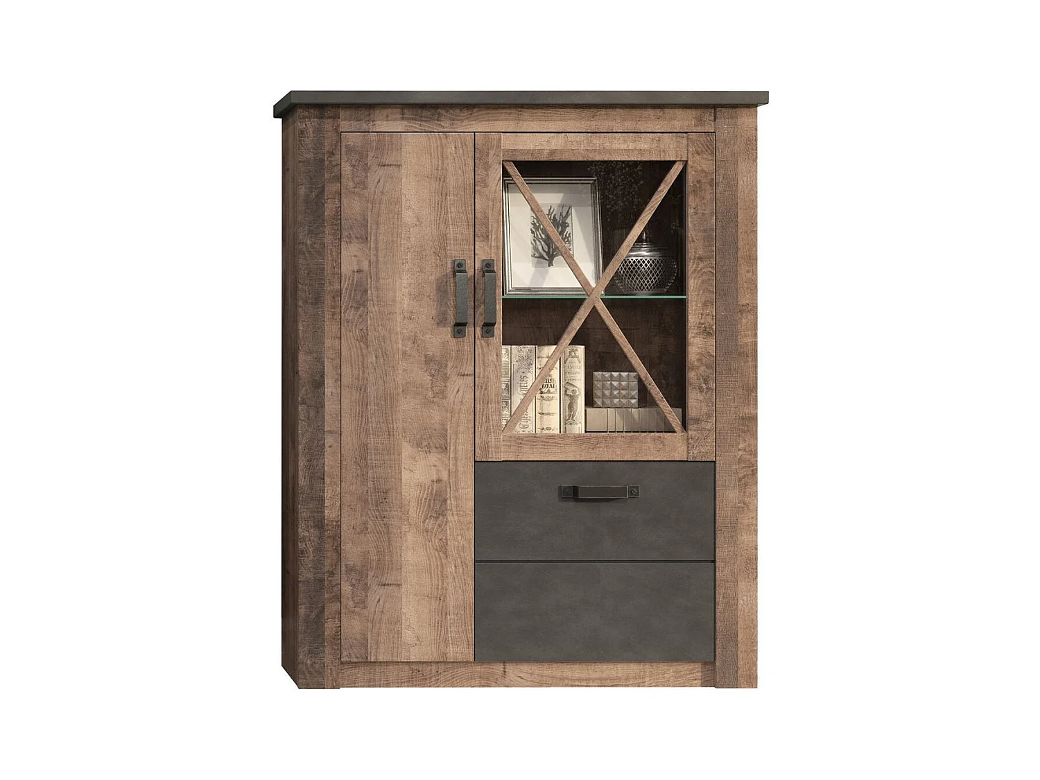 Vitrine 3 portes mélaminé chêne foncé et gris Aria