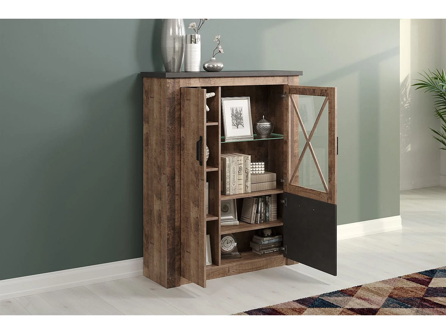 Vitrine 3 portes mélaminé chêne foncé et gris Aria