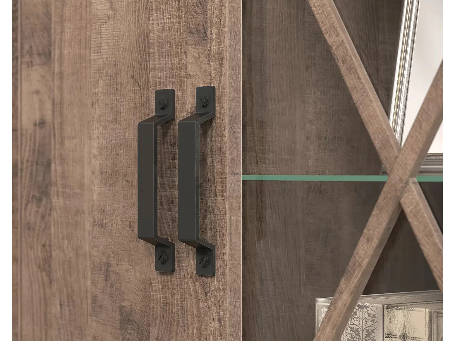 Vitrine 3 portes mélaminé chêne foncé et gris Aria